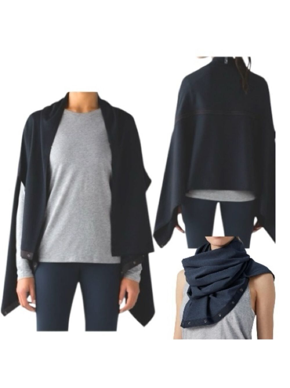 Lululemon Vinyasa Poncho Wrap Scarf Running Snap Button Luon Jacquard Black Blue